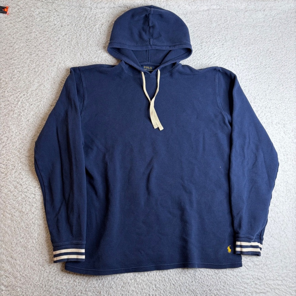 Polo Ralph Lauren Mens Large Navy Waffle Knit Thermal Pullover Hoodie Stripe